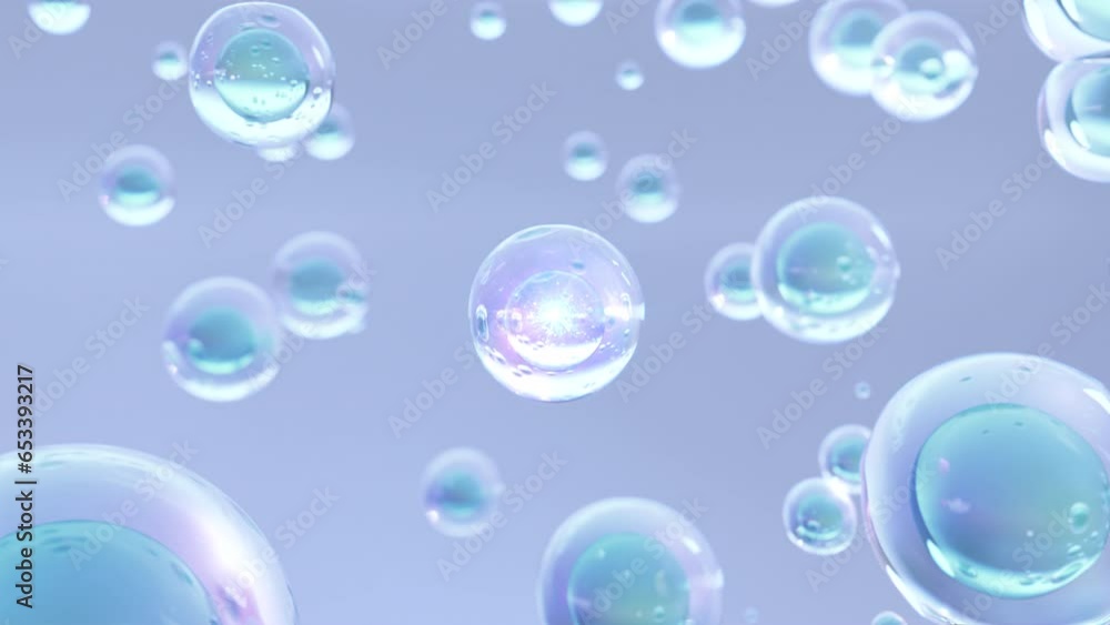 A macro visual of many air bubbles rising up in water against a light blue background. Design of Beauty glossy Moisturizing bubble blobs in super slow motion. 3D animation of cosmetic serum A macro visual of many air bubbles rising up in water against a light blue background. Design of Beauty glossy Moisturizing bubble blobs in super slow motion. 3D animation of cosmetic serum
