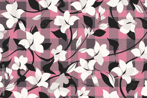 Houndstooth floral pattern, wallpaper, background, hand-drawn cartoon Illustrations in minimalist vector style