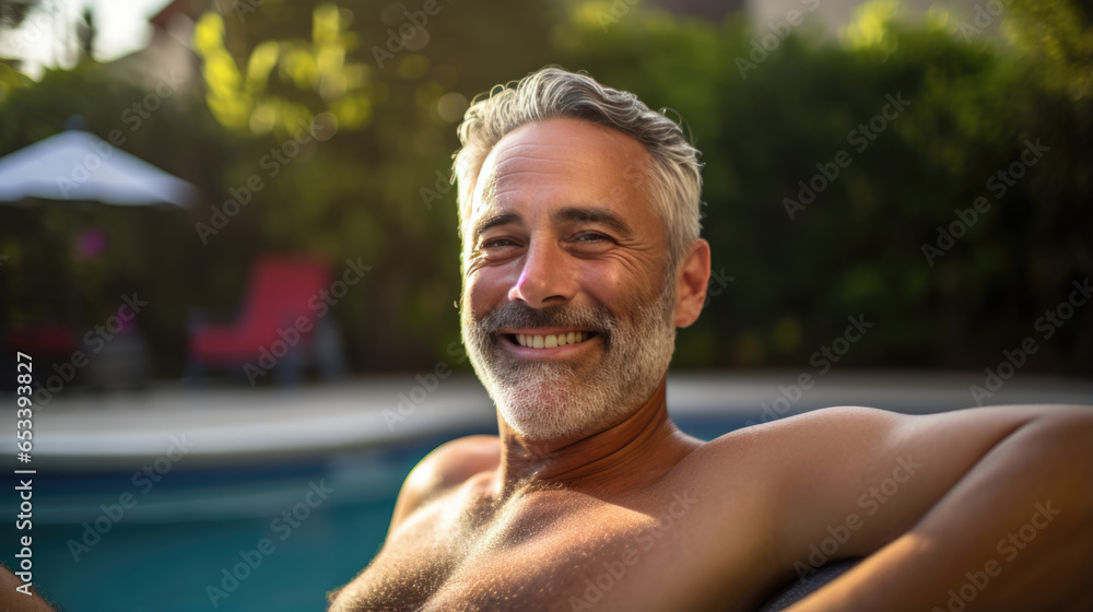 Smiling man relaxes at an expensive resort with a private pool in the background