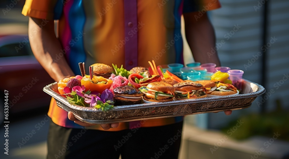 close-up of person in the restaurant with tray, person in the restaurant, close-up of hands holding tray with dishes and delicious foods