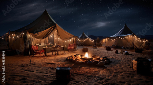 A traditional desert camp under a blanket of stars, offering a unique blend of cultural immersion and celestial wonder