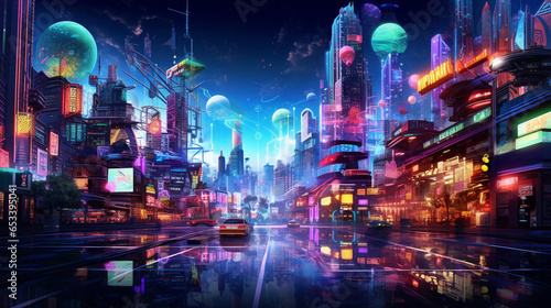A vibrant cityscape at night, lit up with neon signs, reflecting the dynamic energy and nightlife of a modern metropolis