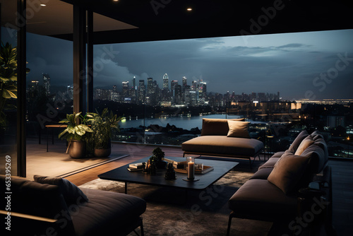 Luxury apartment living room in modern dark house with panoramic city view, Generative AI