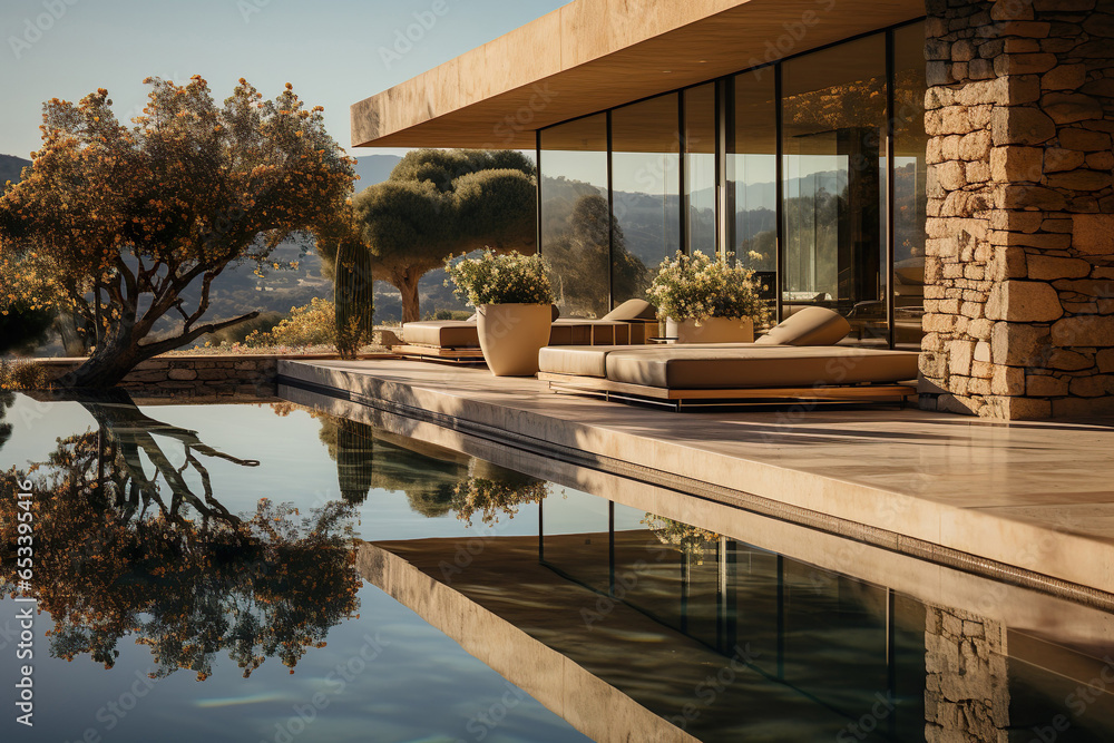 Fototapeta premium Modern exterior of a luxury southern villa in a minimal style with swimming pool and tree, Generative AI