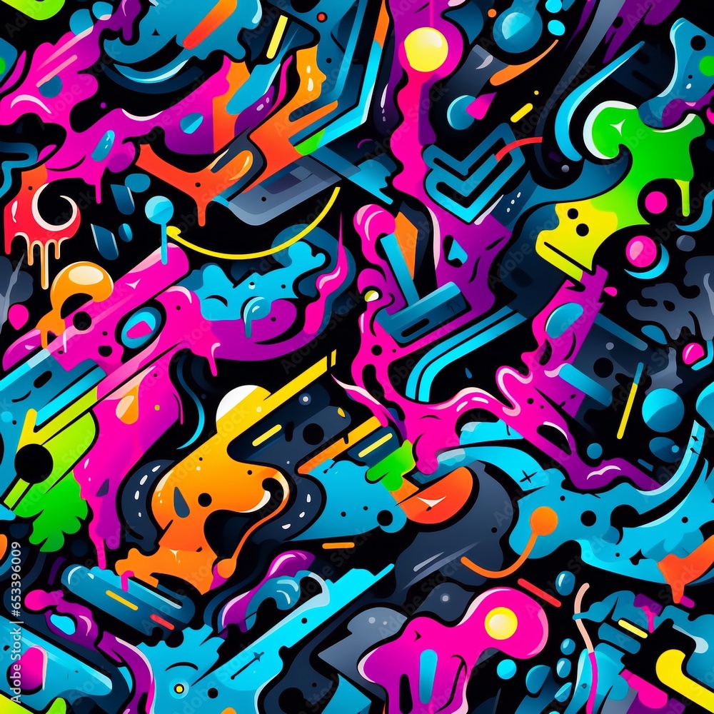 Bright TEENAGE PATTERN. Graffiti seamless texture with fancy elements and drips