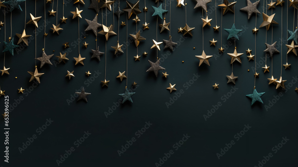 Gold and green stars on dark Christmas holiday banner background
