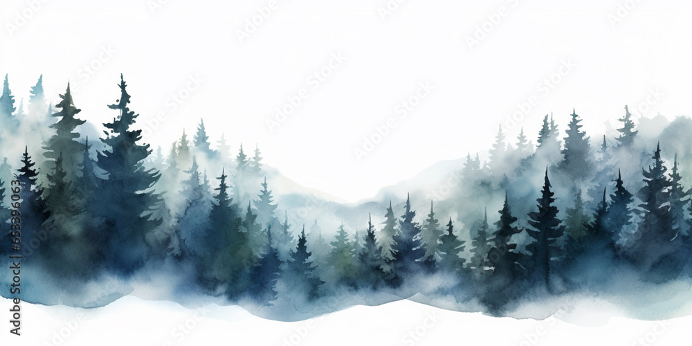 Watercolour Seamless Surface Pattern Tile: Modern Delicate Misty Foggy Eco Line of Pine Spruce Fir Forest Pattern on White Isolated Background: Textiles, Wallpaper & Home Decor. Deer, Fox, Bunny.