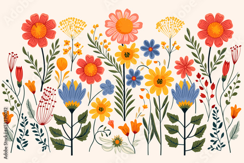 Embroidery pattern, wallpaper, background, hand-drawn cartoon Illustrations in minimalist vector style