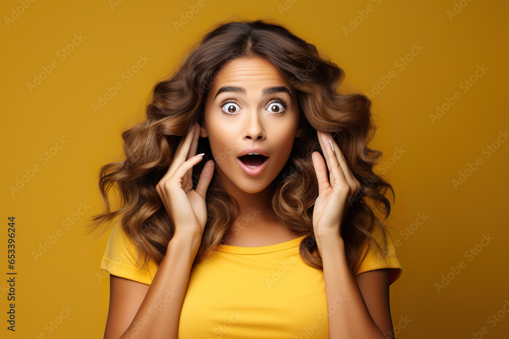 Astonished Elegance Portrait of a Surprised Young Woman in Casual Outfit on Vibrant Yellow Background. created with Generative AI