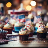 A tilt-shift lens photograph captures the bustling scene of an Election Day bake sale fundraiser, with a macro lens revealing the intricate details of delectable treats and community spirit.