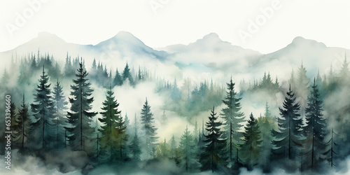 Watercolour Seamless Surface Pattern Tile: Modern Delicate Misty Foggy Eco Line of Pine Spruce Fir Forest Pattern on White Isolated Background: Textiles, Wallpaper & Home Decor. Generative AI. © PEPPERPOT