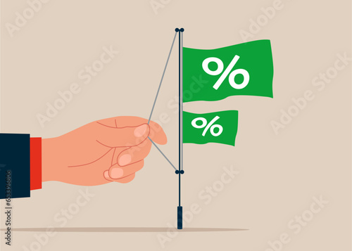 Hand businessman raises a flag with a percentage symbol to the top of a pole. Flat vector illustration