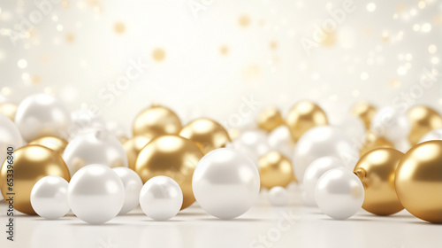 White and gold shiny baubles, Christmas holiday banner background