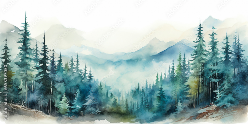 Watercolour Seamless Surface Pattern Tile: Modern Delicate Misty Foggy Eco Line of Pine Spruce Fir Forest Pattern on White Isolated Background: Textiles, Wallpaper & Home Decor. Generative AI. - obrazy, fototapety, plakaty 