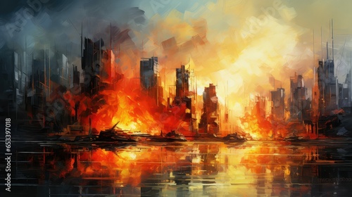 destroy destroyed city fire illustration background red, explosion danger, apocalypse town destroy destroyed city fire