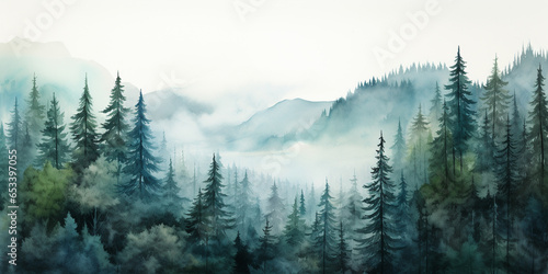 Watercolour Seamless Surface Pattern Tile: Modern Delicate Misty Foggy Eco Line of Pine Spruce Fir Forest Pattern on White Isolated Background: Textiles, Wallpaper & Home Decor. Generative AI.
