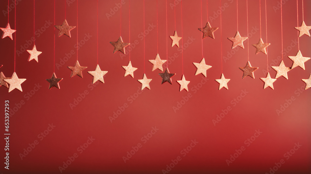 Gold stars hanging from strings Christmas holiday banner background