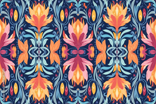 Mosaic Ikat floral seamless pattern, Colorful abstract botanical textile. Ornate elegant luxury vintage retro modern style. For texture textile background backdrop tile wallpaper carpet batik.