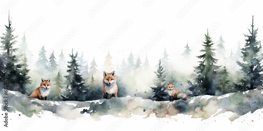 Watercolour Seamless Surface Pattern Tile: Modern Delicate Misty Foggy Eco Line of Pine Spruce Fir Forest Pattern on White Isolated Background: Textiles, Wallpaper & Home Decor. Deer, Fox, Bunny.