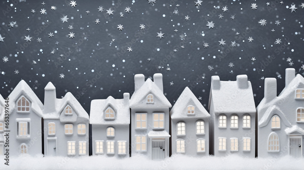 Fototapeta premium White Christmas on town houses on grey Christmas holiday banner background