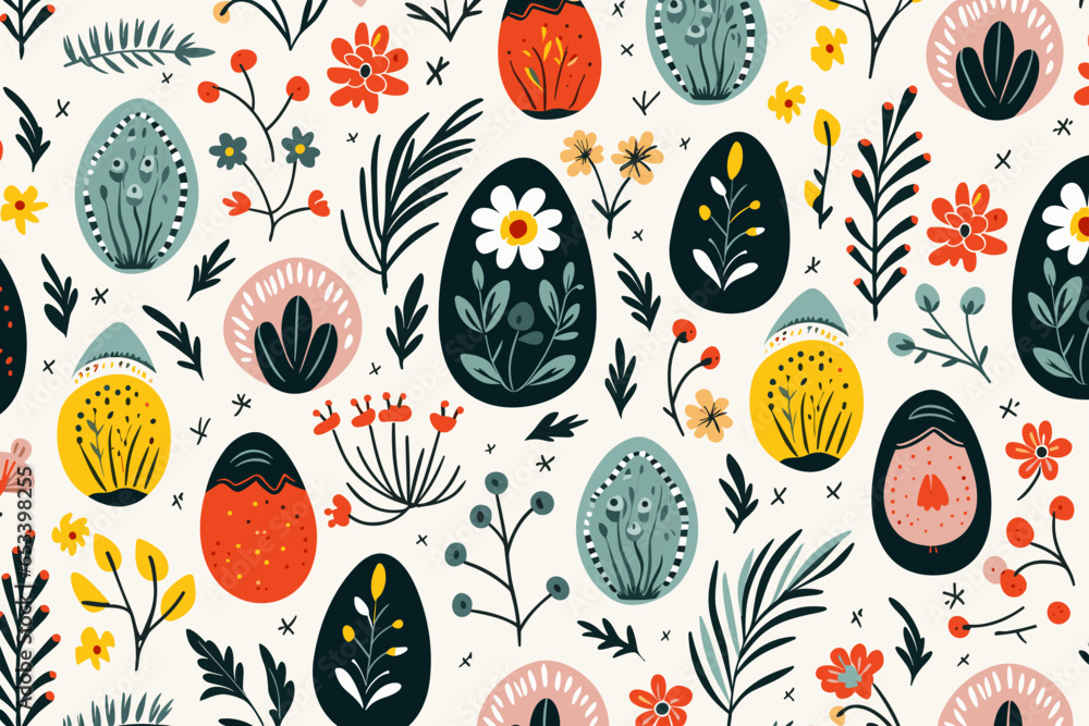 Easter floral pattern pattern, wallpaper, background, hand-drawn cartoon Illustrations in minimalist vector style - obrazy, fototapety, plakaty 
