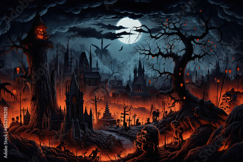  halloween background with pumpkins bats and graveyard