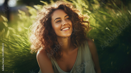 Joyful girl smiles in her back yard on a sunny day