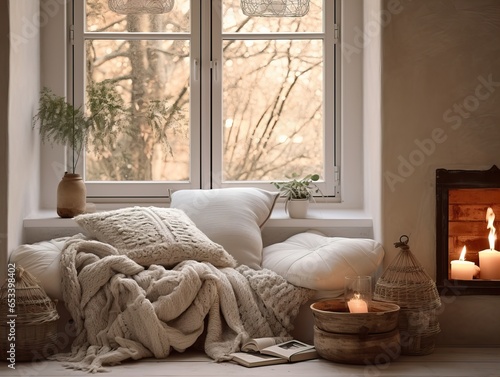 Cozy winter home interior with knitted blankets and pillows, holiday country house in wood, warm fire and afternoon daylight
