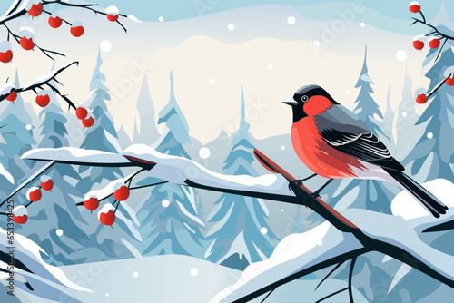 Beautiful winter landscape. A bullfinch sits on a rowan branch against the backdrop of a snowy forest, snowfall. Christmas time. Vector illustration for print.