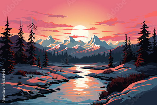 Winter sunset. Beautiful winter mountain landscape. Red sunset over the mountains, forest and river, amazing clouds in the sky. Vector illustration.