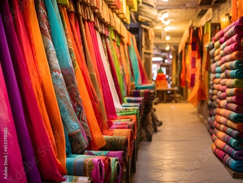Discover the realistic allure of a vibrant Indian bazaar, where colorful fabrics and exotic spices entice, Generative AI  © Cobzaru