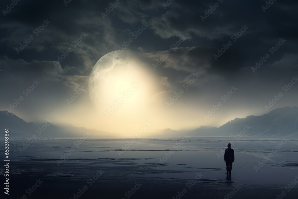  Solitary figure gazing at the radiant moon.