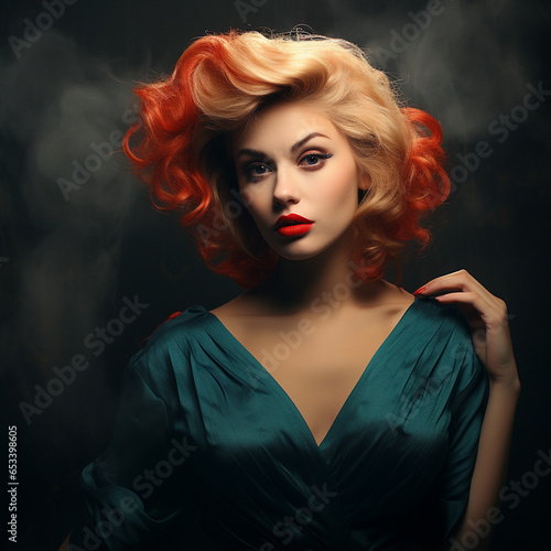blonde female beauty under studio lights. 1980 era.
