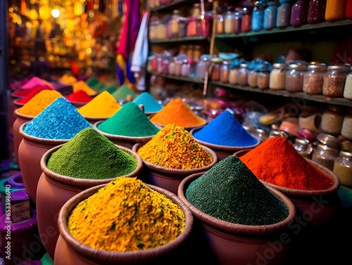 Explore the realistic mystique of a bustling Marrakech souk, where vibrant spices and exotic goods abound, Generative AI 