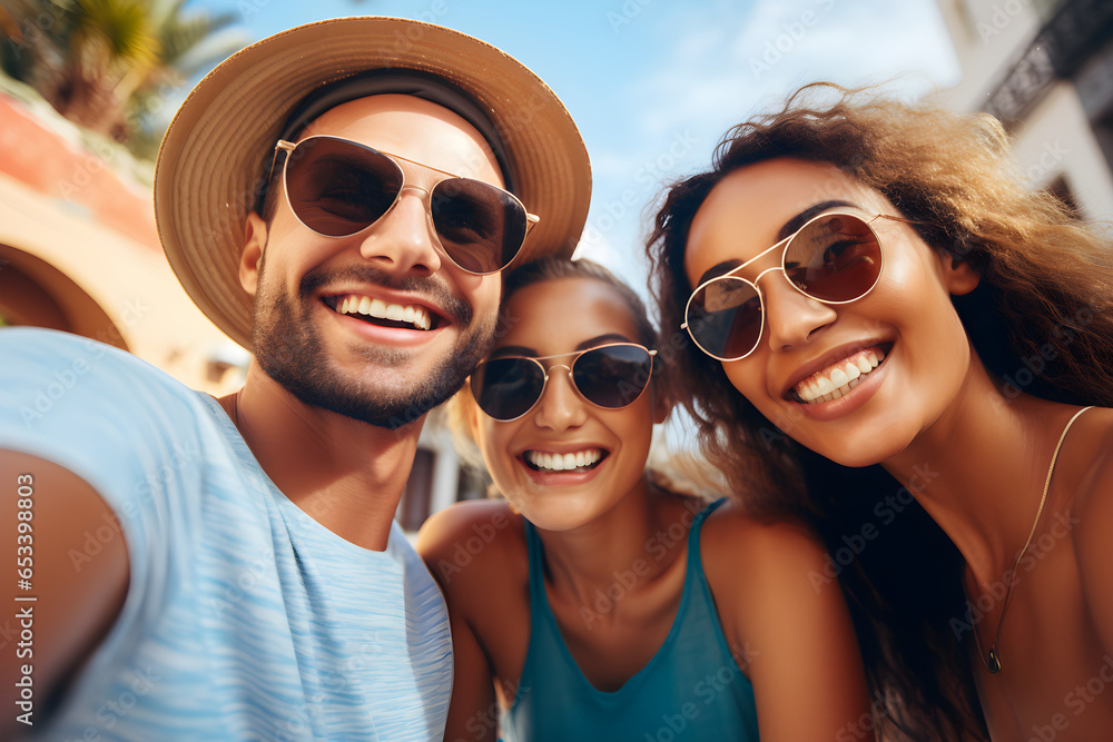 group of friends taking close-up selfie on holiday group of friends taking close-up selfie on holiday