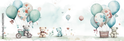 Watercolor illustration on a children's theme, a cute funny bear with gifts, flowers and balloons, banner pastel colors