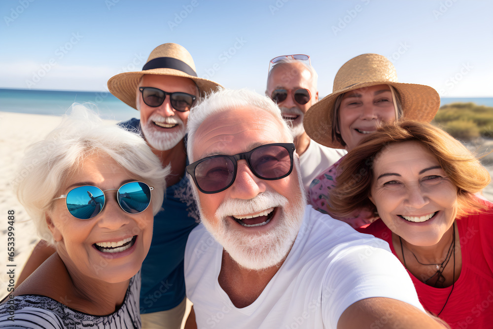 group of senior retired friends taking close-up selfie on holiday