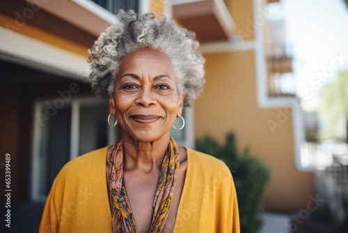 Portrait of a senior African American woman standing in front of her building complex