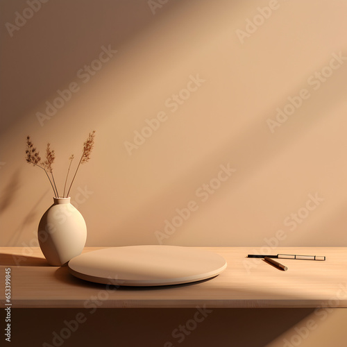 Table with notebooks and pencils, lamps, aesthetic beige style, minimalist design photo