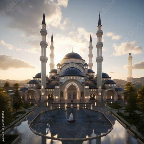Luxurious mosque with sunset background