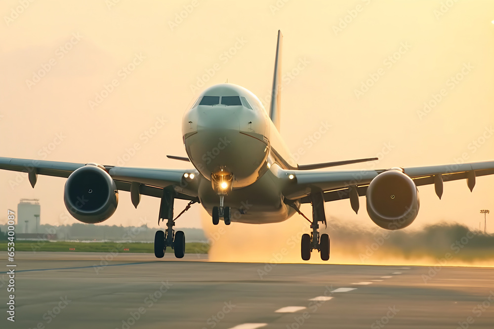 Fototapeta premium Civil airplane is taking off or landing, travel trip vacation