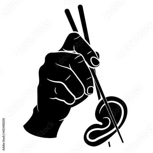 Human hand holding a human ear with chopsticks. Creative design. Cannibalism or gossip. Black and white silhouette.