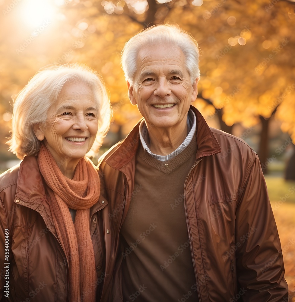 Senior cheerful active smiling mature couple walks looks happy in the park during late autumn sunset with sunflares in the background. Generative Ai. Senior cheerful active smiling mature couple walks looks happy in the park during late autumn sunset with sunflares in the background. Generative Ai.