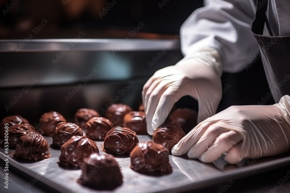 Pastry chef in a gloves makes delicious chocolate candies. Generative AI Pastry chef in a gloves makes delicious chocolate candies. Generative AI