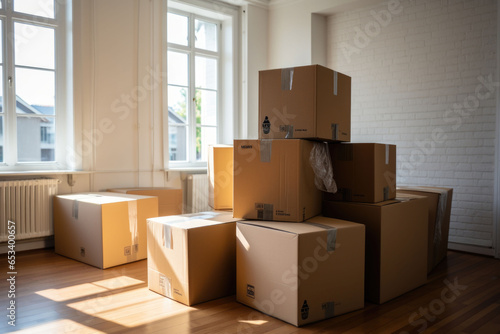 Moving in. Stack of cardboard boxes in the empty room. Generative AI © barmaleeva