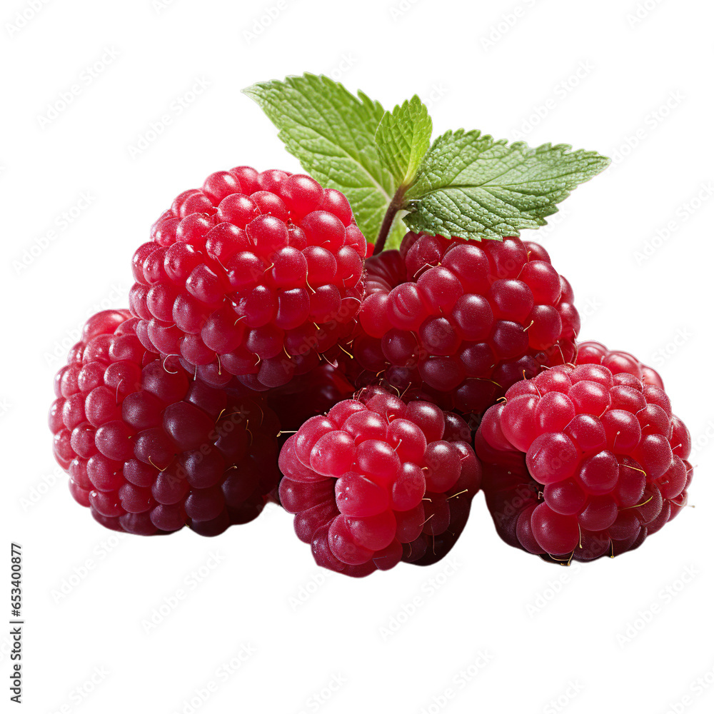 Front close view fresh bunch of Raspberry with leaves on white isolated background. Front close view fresh bunch of Raspberry with leaves on white isolated background.