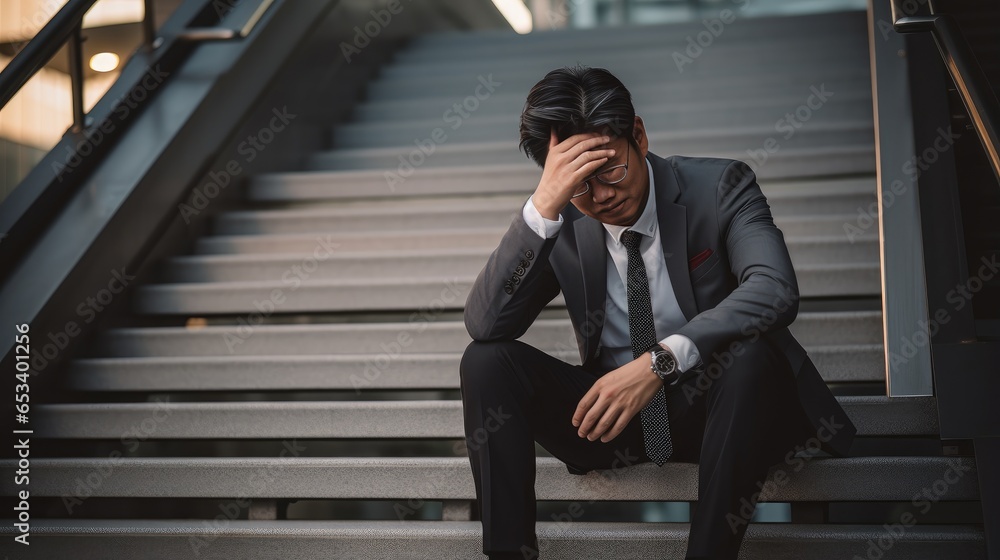 emotional turmoil of an upset businessman, seated on city stairs, holding his head, amidst a business setback. emotional turmoil of an upset businessman, seated on city stairs, holding his head, amidst a business setback.