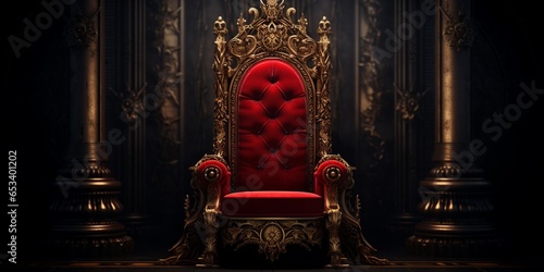 The throne, golden luxury royal chair on a dark shiny hall of gothic church or palace background. photo