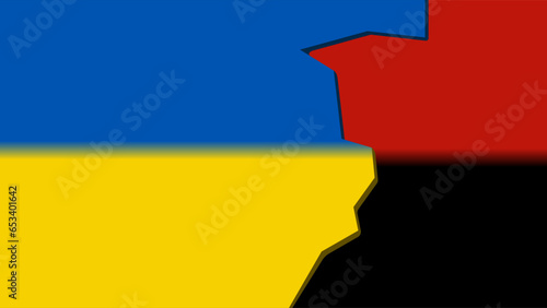 A background image with a cracked Ukrainian flag, and the flag of the Ukrainian rebel army peeking out of the crack in vector.