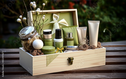 Gift wooden box with SPA cosmetics products